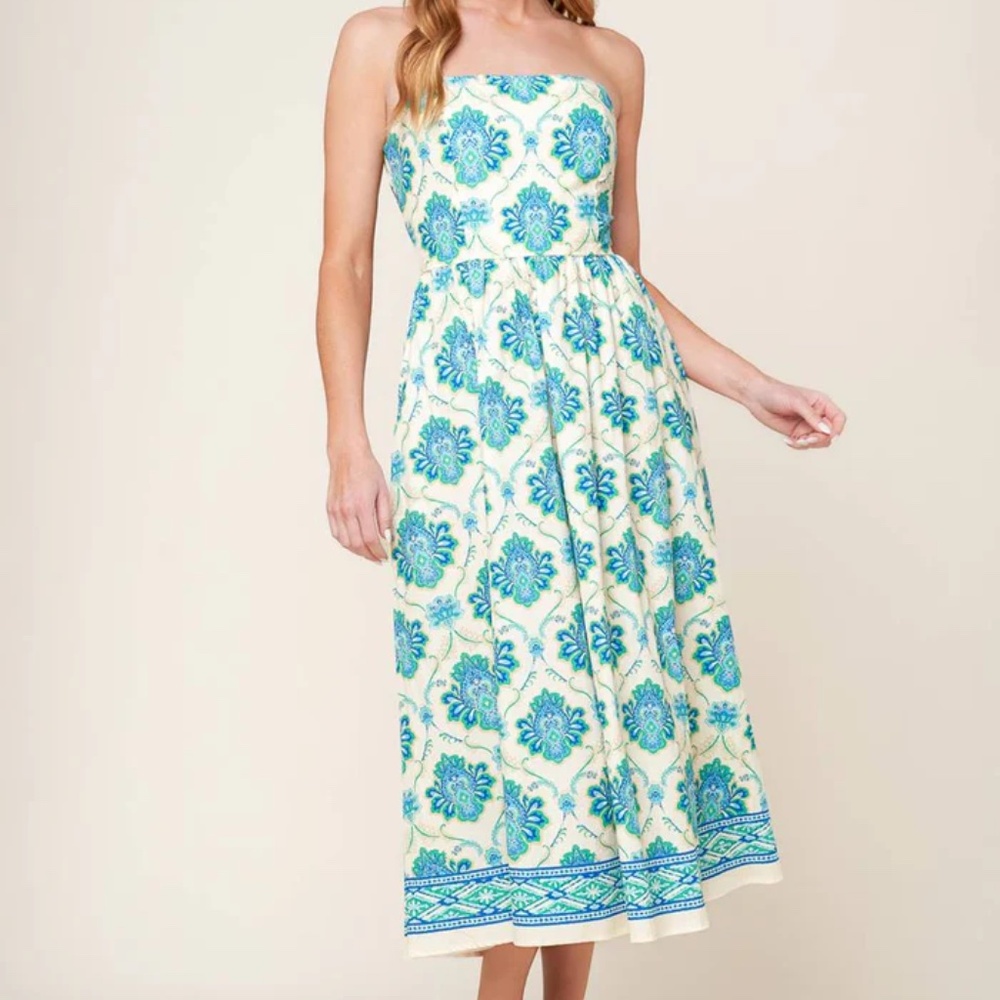 Flying Tomato Strapless Midi Dress in White with Blue & Teal Floral Print - Picture 3 of 8